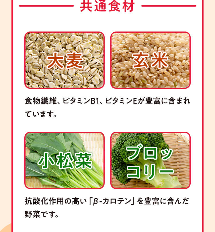 共通食材 大麦 玄米 小松菜 ブロッコリー