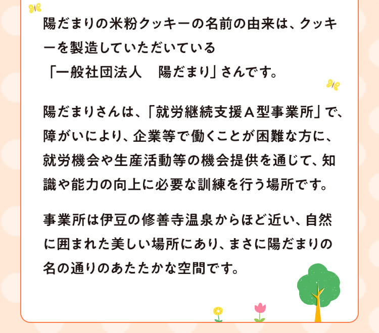 陽だまりの米粉クッキーの名前の由来は、クッキーを製造していただいている「一般社団法人 陽だまり」さんです。